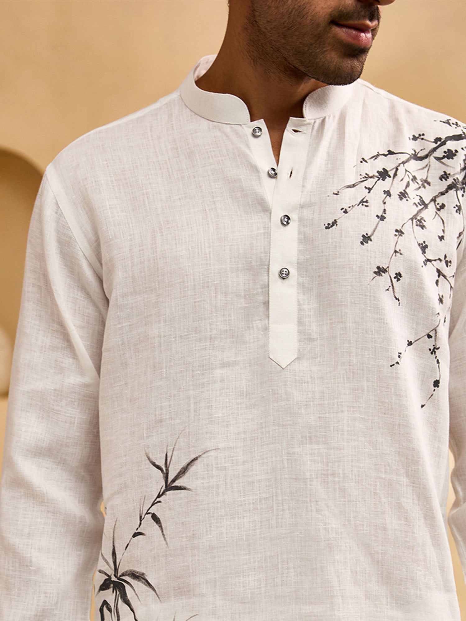 White Floral Hand-Painted Linen Kurti-Style Regular Fit Shirt