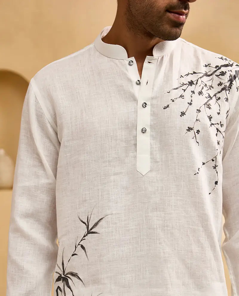 White Floral Hand-Painted Linen Kurti-Style Regular Fit Shirt