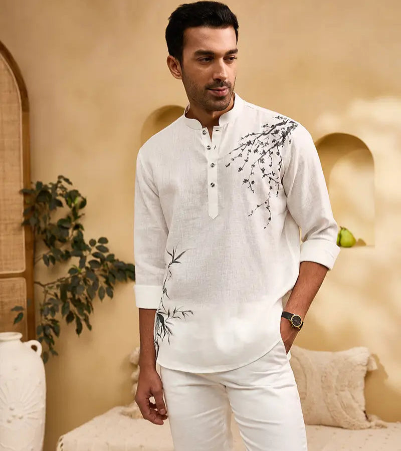 White Floral Hand-Painted Linen Kurti-Style Regular Fit Shirt