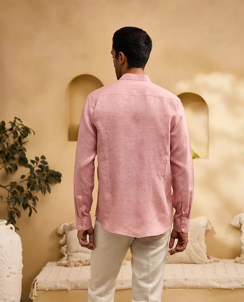 Coral Pink Palm Tree Embroidered Linen Slim Fit Shirt