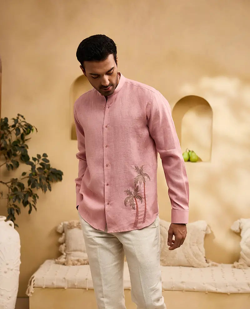 Coral Pink Palm Tree Embroidered Linen Slim Fit Shirt