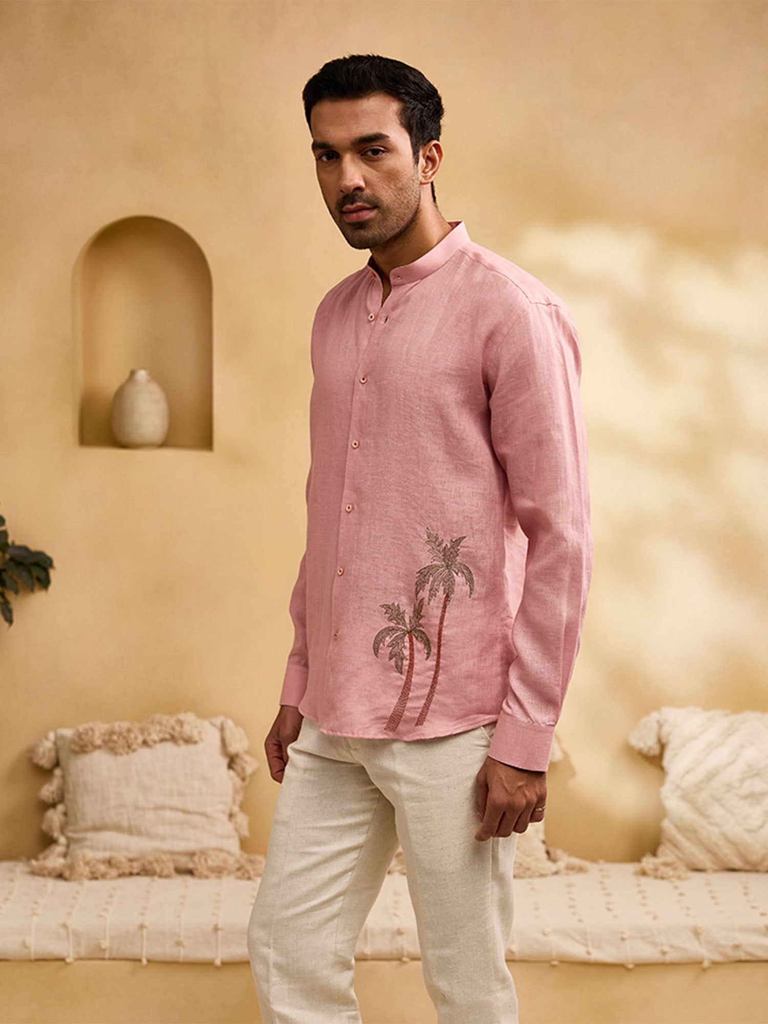 Coral Pink Palm Tree Embroidered Linen Slim Fit Shirt