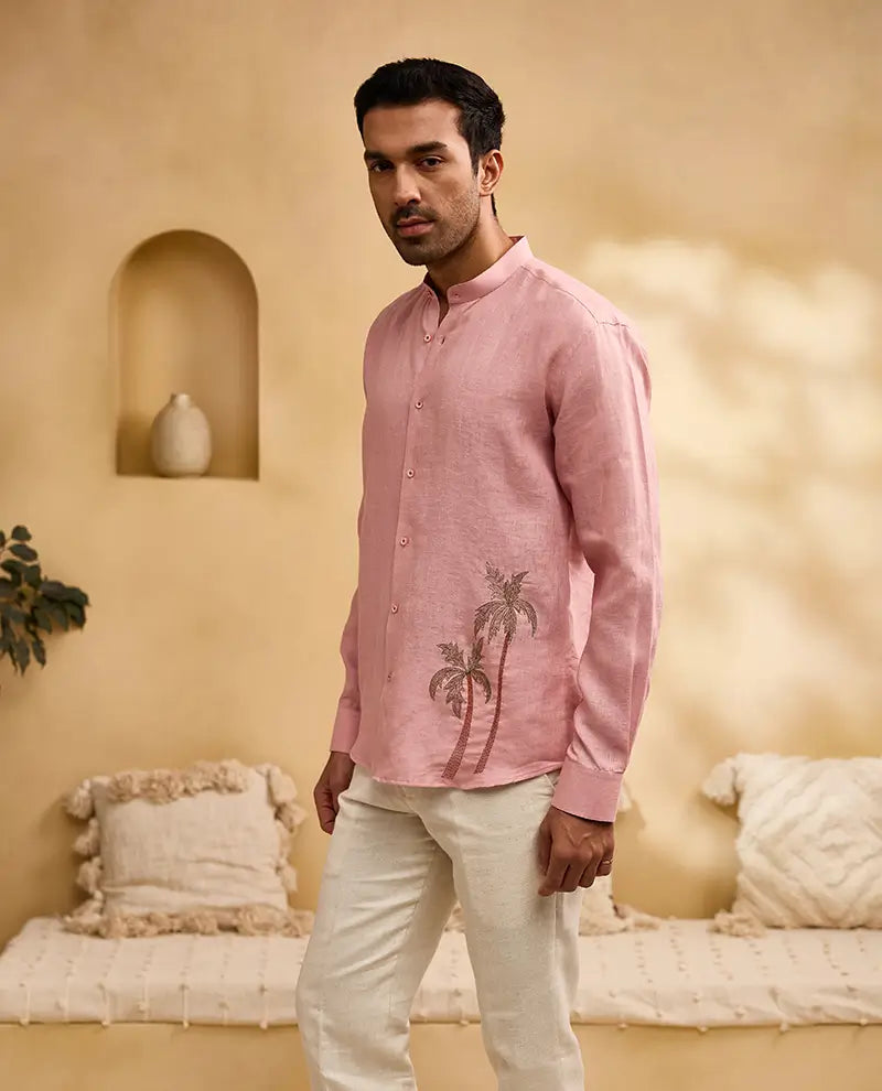 Coral Pink Palm Tree Embroidered Linen Slim Fit Shirt