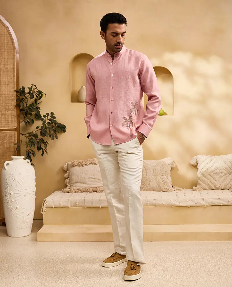Coral Pink Palm Tree Embroidered Linen Slim Fit Shirt