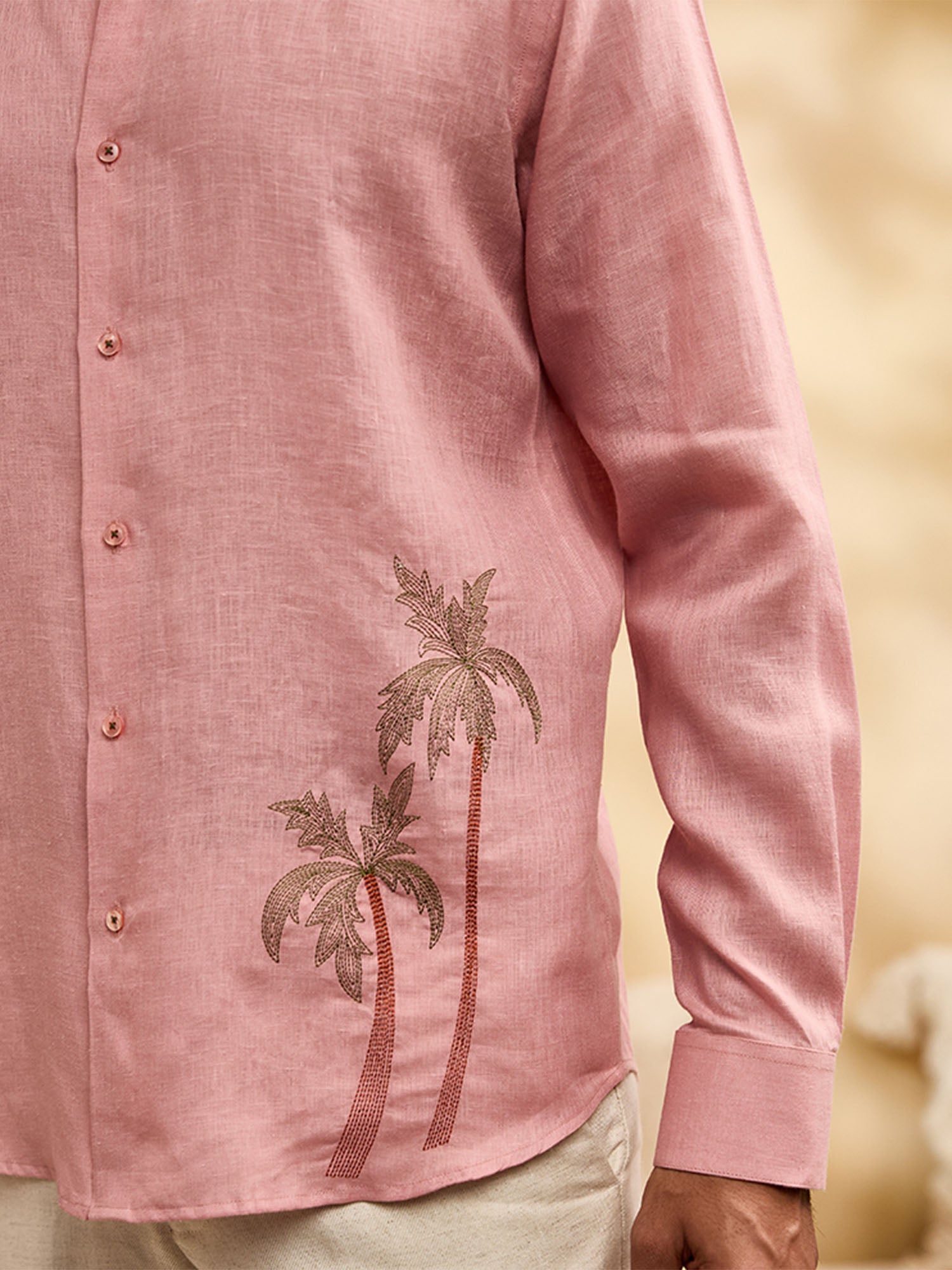 Coral Pink Palm Tree Embroidered Linen Slim Fit Shirt