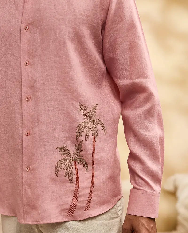 Coral Pink Palm Tree Embroidered Linen Slim Fit Shirt