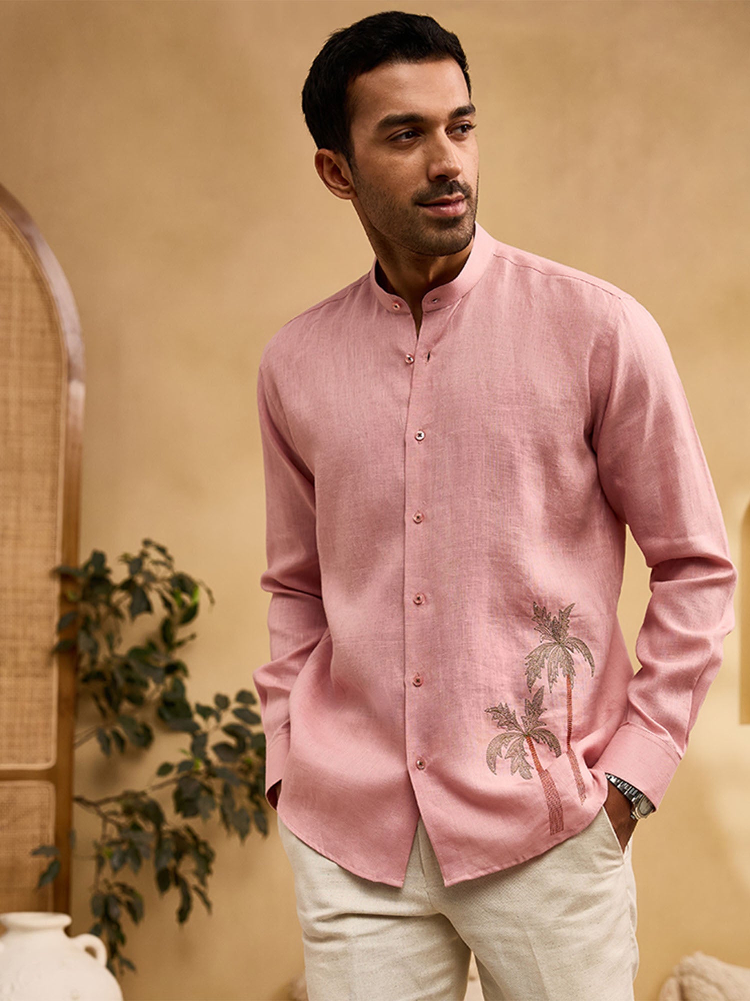 Coral Pink Palm Tree Embroidered Linen Slim Fit Shirt