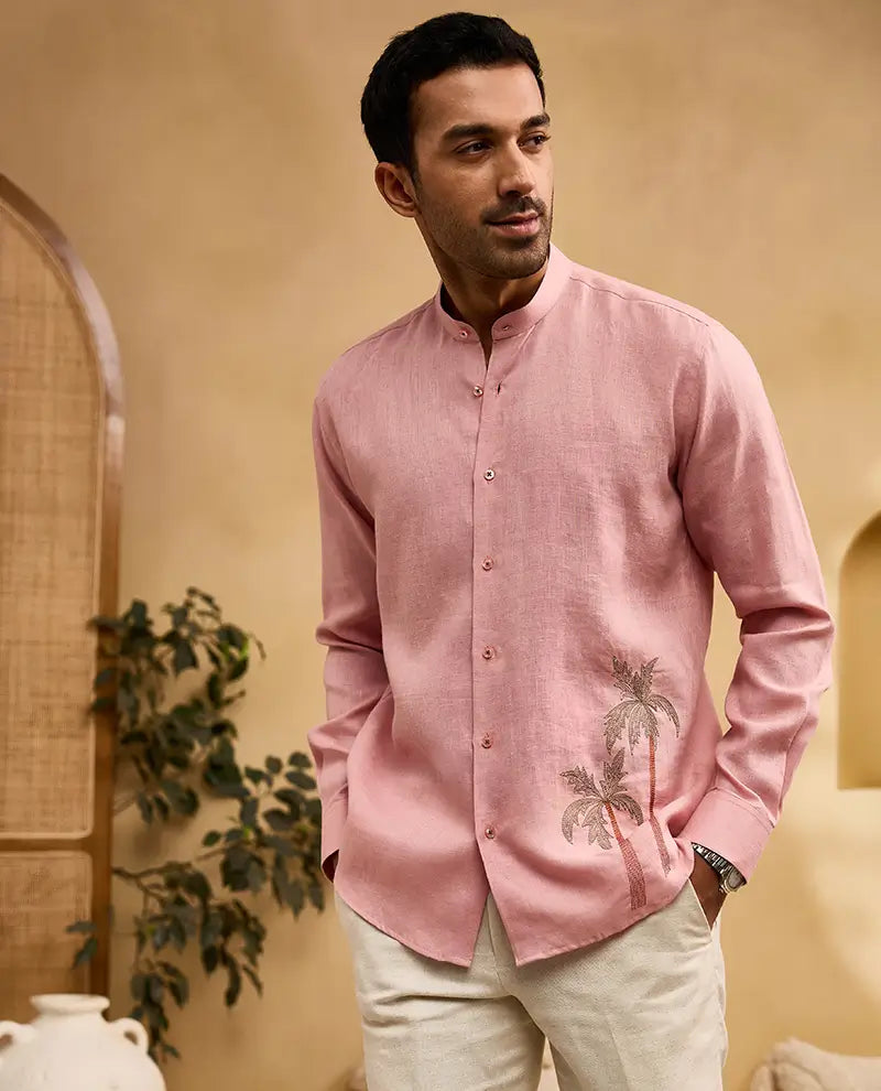 Coral Pink Palm Tree Embroidered Linen Slim Fit Shirt