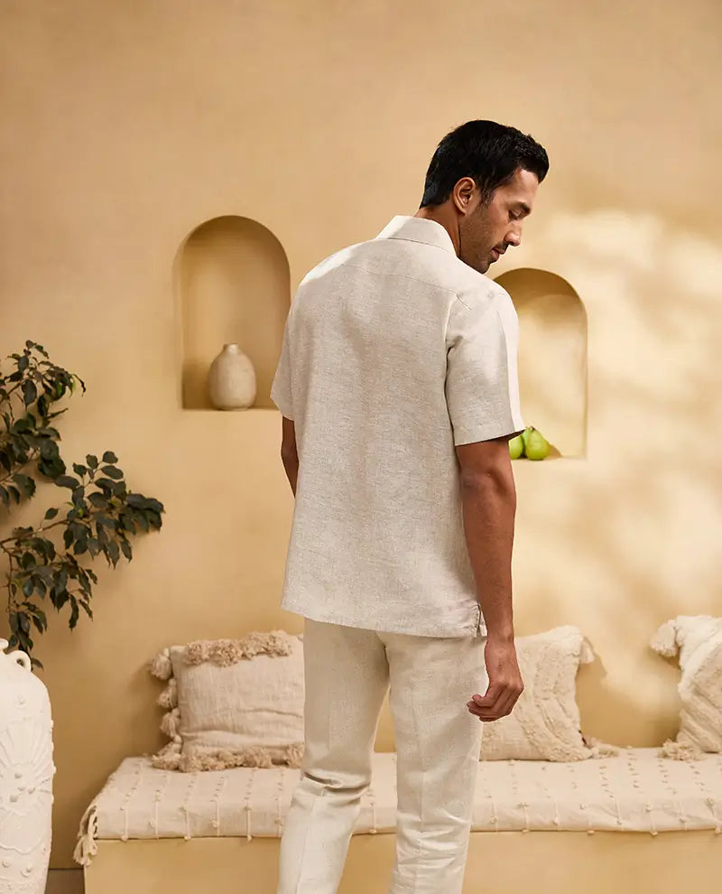 Natural with Self-Coloured Floral Thread Embroidery Linen Cuban Regular Fit Shirt