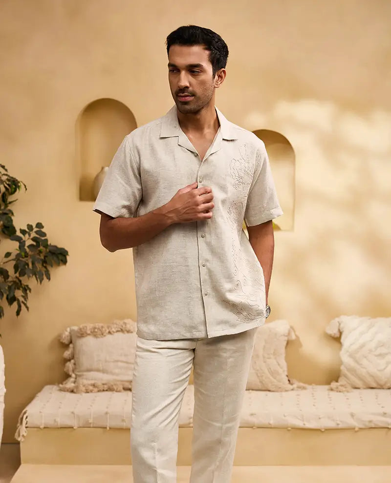 Natural with Self-Coloured Floral Thread Embroidery Linen Cuban Regular Fit Shirt