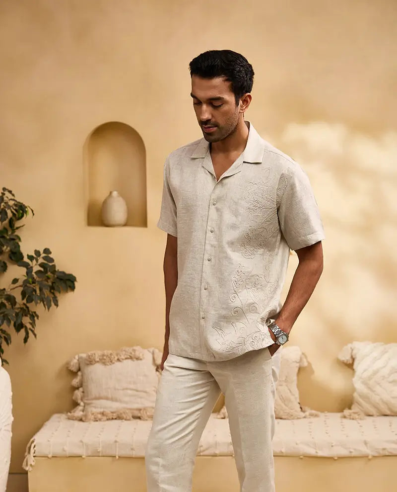 Natural with Self-Coloured Floral Thread Embroidery Linen Cuban Regular Fit Shirt