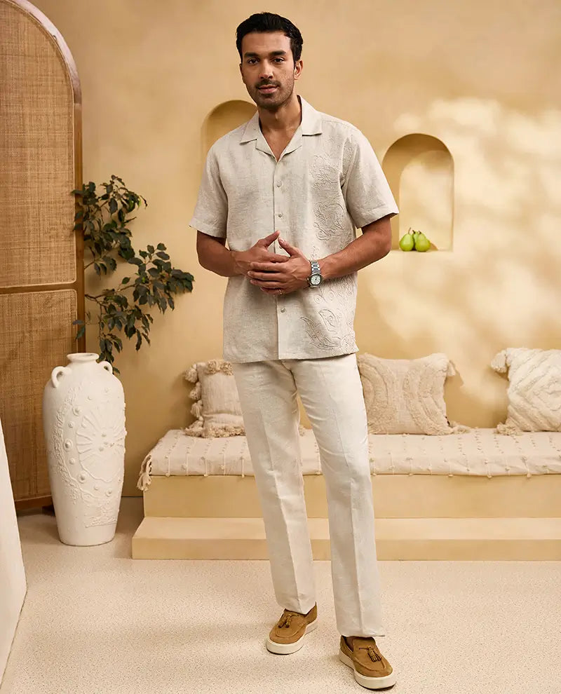 Natural with Self-Coloured Floral Thread Embroidery Linen Cuban Regular Fit Shirt