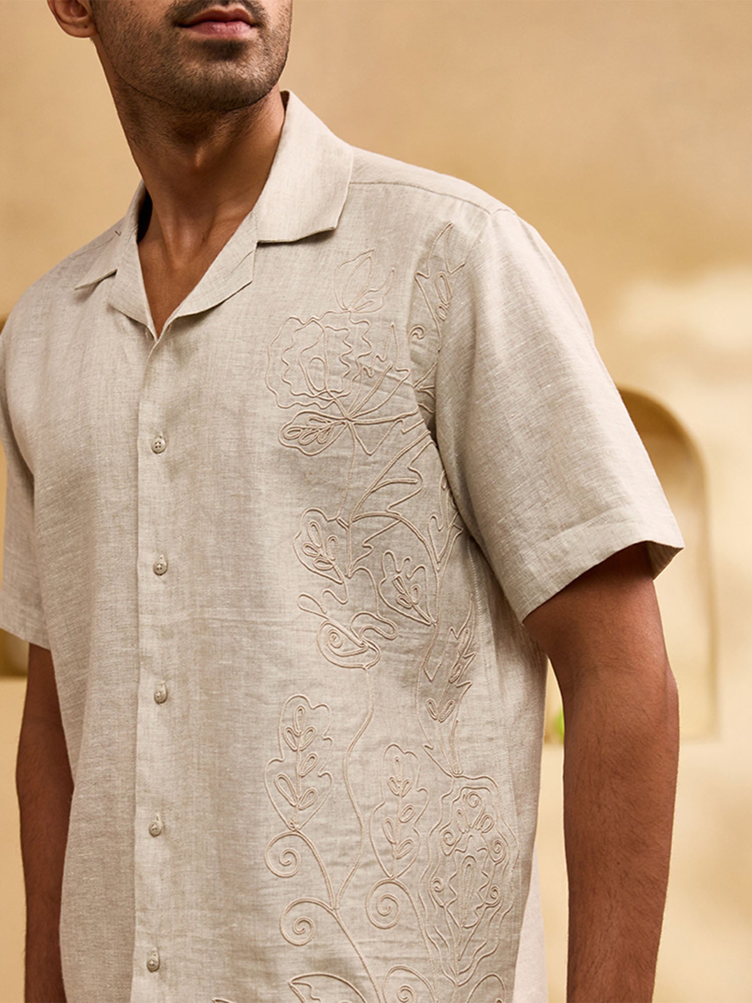 Natural with Self-Coloured Floral Thread Embroidery Linen Cuban Regular Fit Shirt