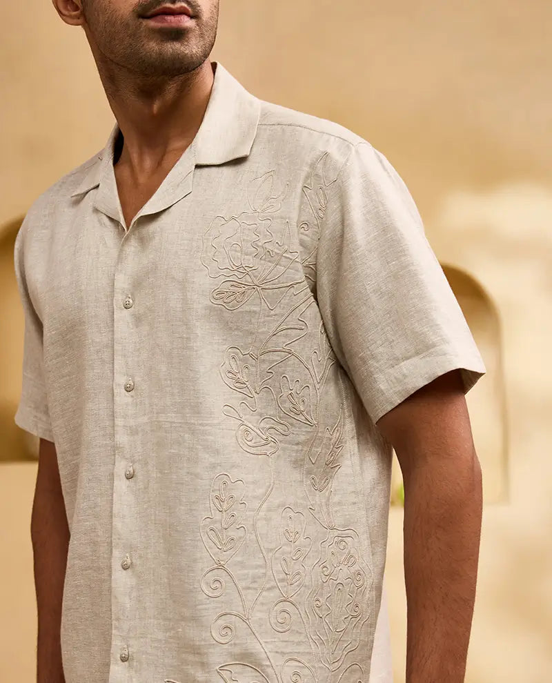 Natural with Self-Coloured Floral Thread Embroidery Linen Cuban Regular Fit Shirt