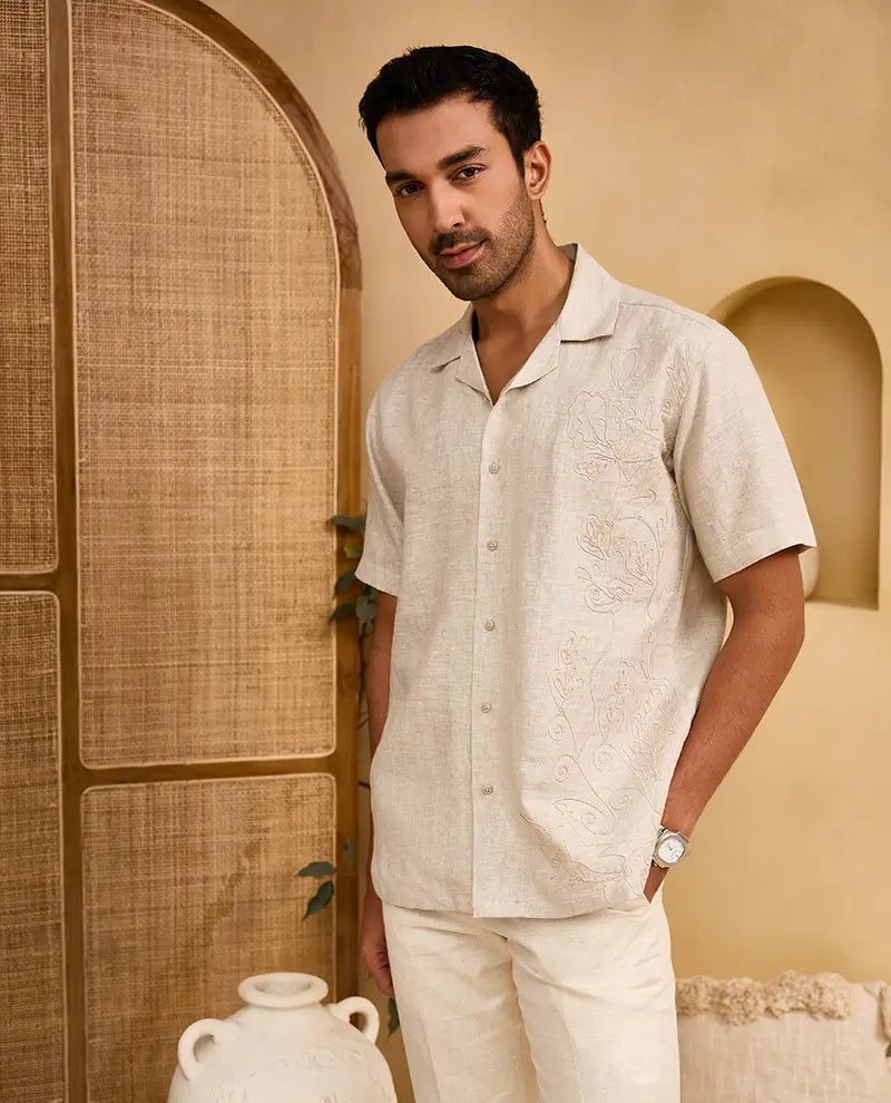 Natural with Self-Coloured Floral Thread Embroidery Linen Cuban Regular Fit Shirt