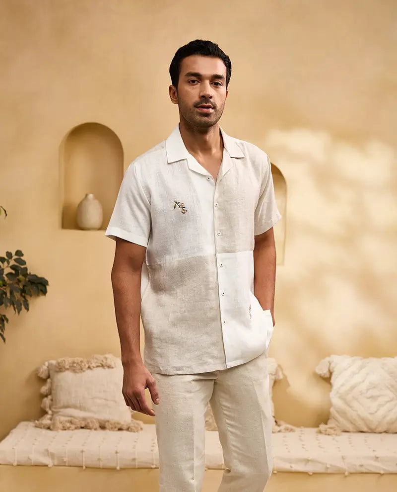 Natural and White Minimal Floral Embroidery Linen Cuban Regular Fit Shirt