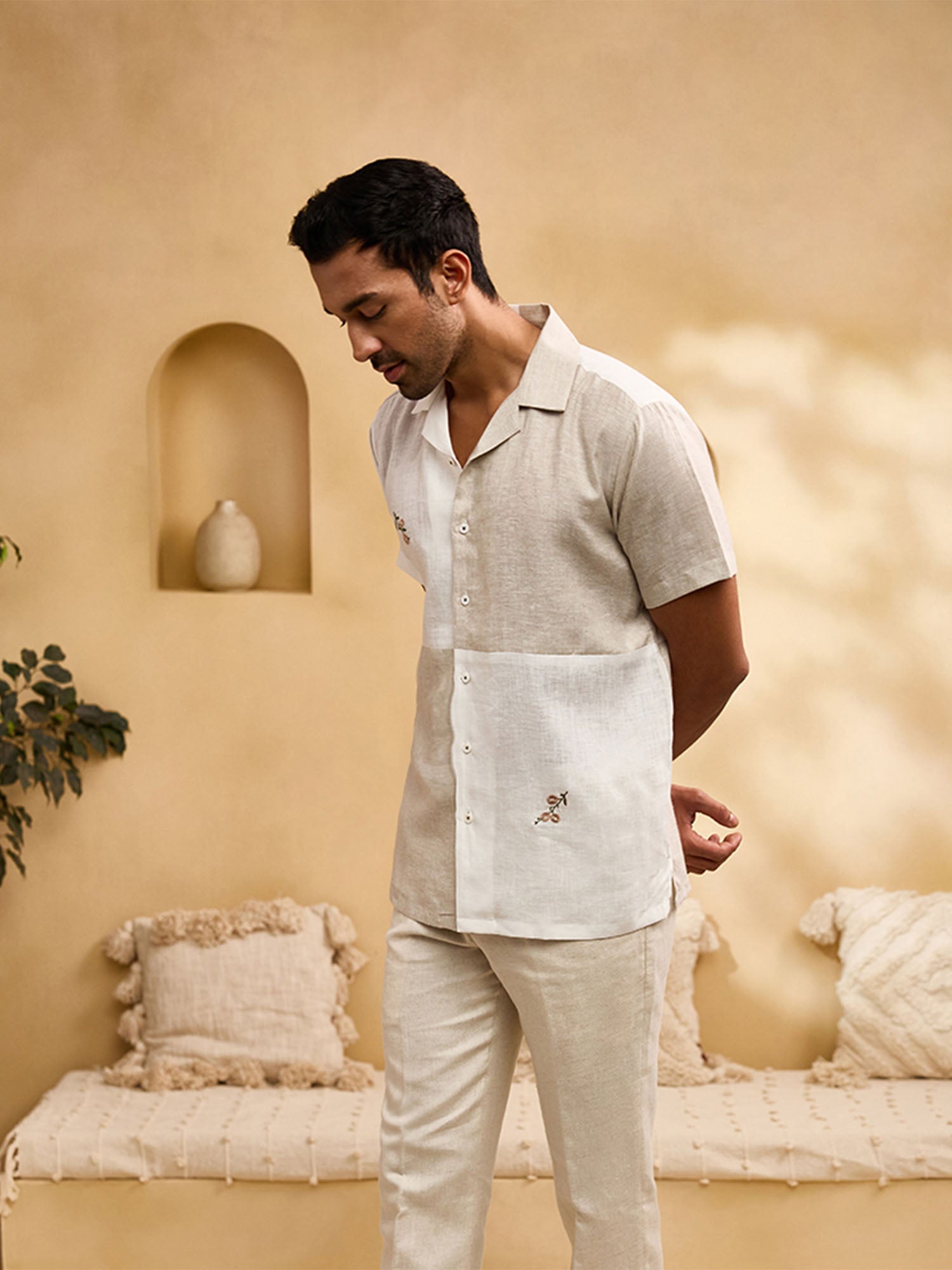 Natural and White Minimal Floral Embroidery Linen Cuban Regular Fit Shirt