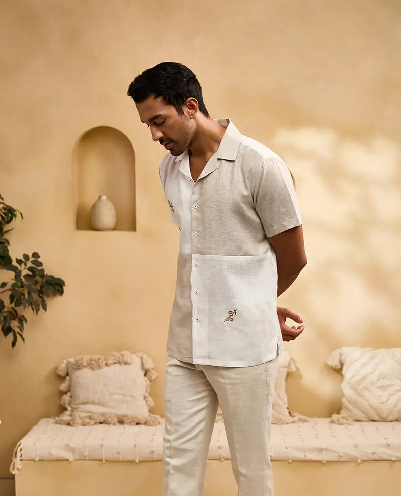 Natural and White Minimal Floral Embroidery Linen Cuban Regular Fit Shirt