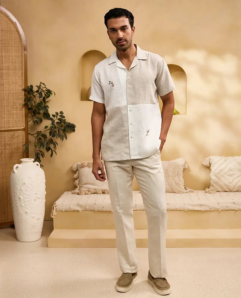Natural and White Minimal Floral Embroidery Linen Cuban Regular Fit Shirt