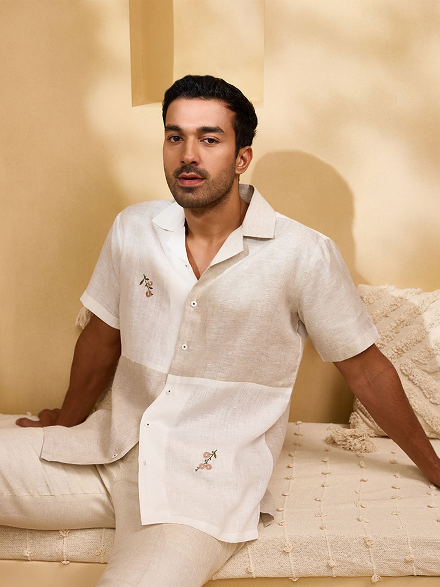 Natural and White Minimal Floral Embroidery Linen Cuban Regular Fit Shirt