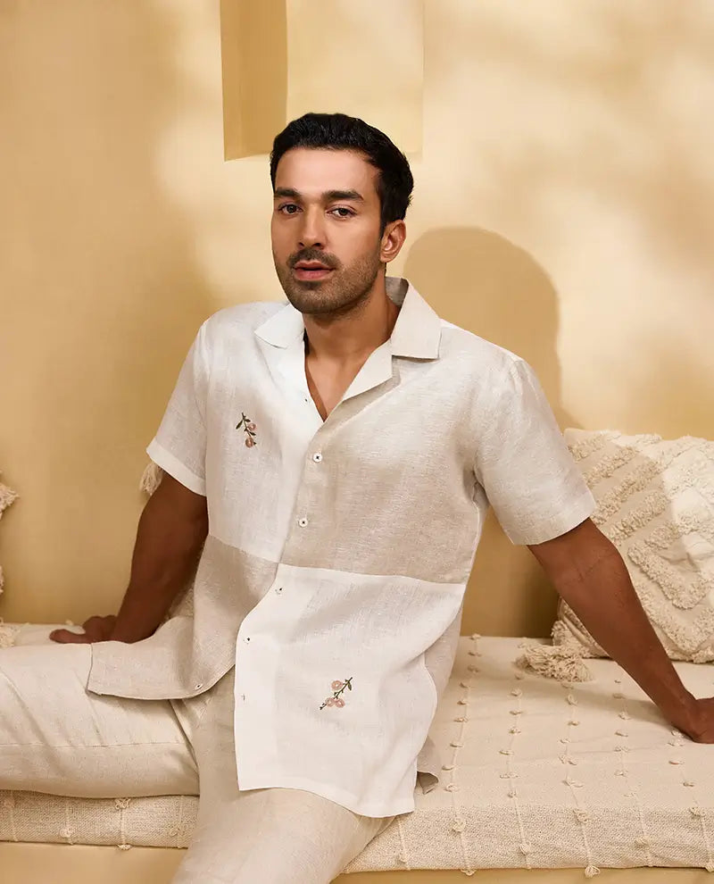 Natural and White Minimal Floral Embroidery Linen Cuban Regular Fit Shirt