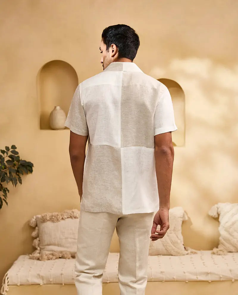 Natural and White Minimal Floral Embroidery Linen Cuban Regular Fit Shirt