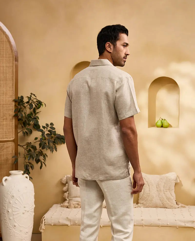 Khaki with White Running Stitch Floral Embroidery Linen Cuban Regular Fit Shirt