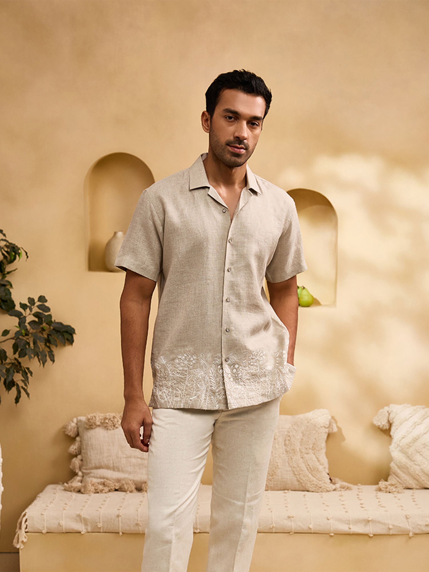 Natural with White Running Stitch Floral Embroidery Linen Cuban Regular Fit Shirt