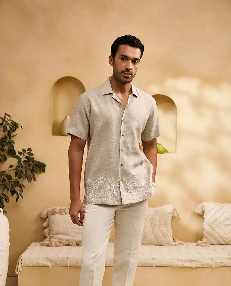 Khaki with White Running Stitch Floral Embroidery Linen Cuban Regular Fit Shirt