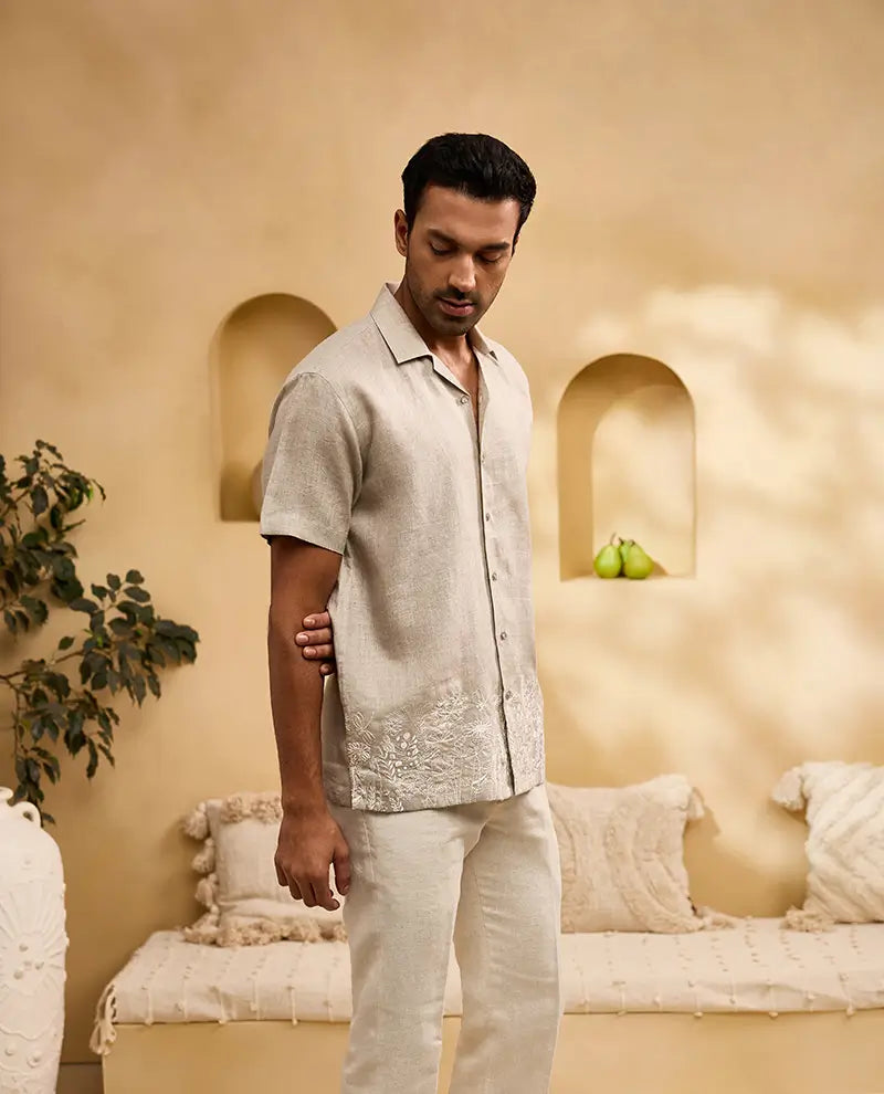 Khaki with White Running Stitch Floral Embroidery Linen Cuban Regular Fit Shirt