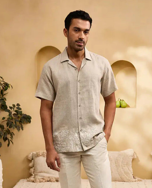 Khaki with White Running Stitch Floral Embroidery Linen Cuban Regular Fit Shirt