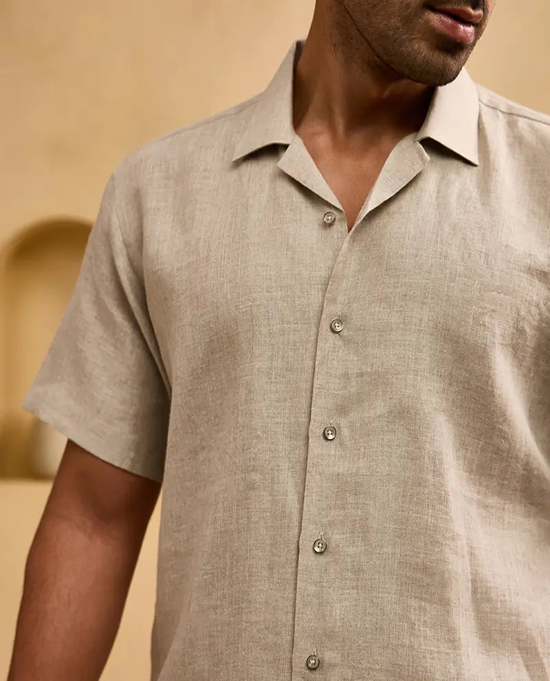 Khaki with White Running Stitch Floral Embroidery Linen Cuban Regular Fit Shirt