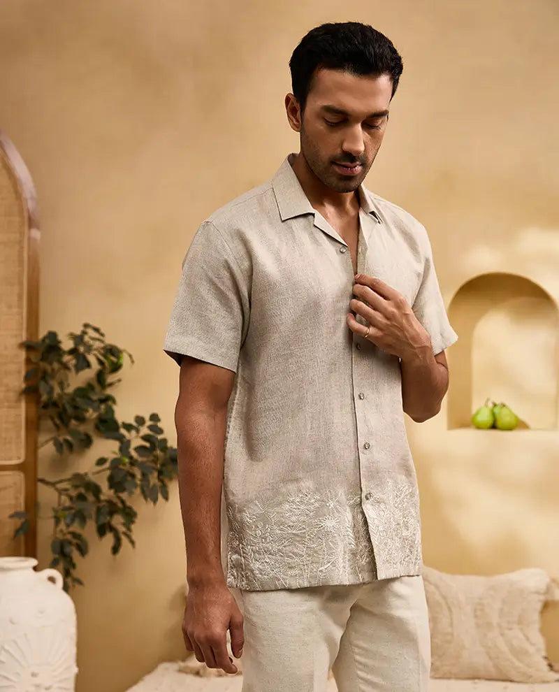 Khaki with White Running Stitch Floral Embroidery Linen Cuban Regular Fit Shirt