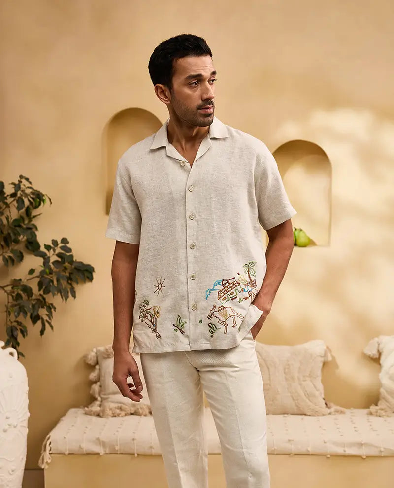 Natural with Coloured Abstract Embroidery Linen Cuban Regular Fit Shirt
