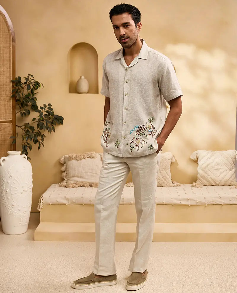 Natural with Coloured Abstract Embroidery Linen Cuban Regular Fit Shirt