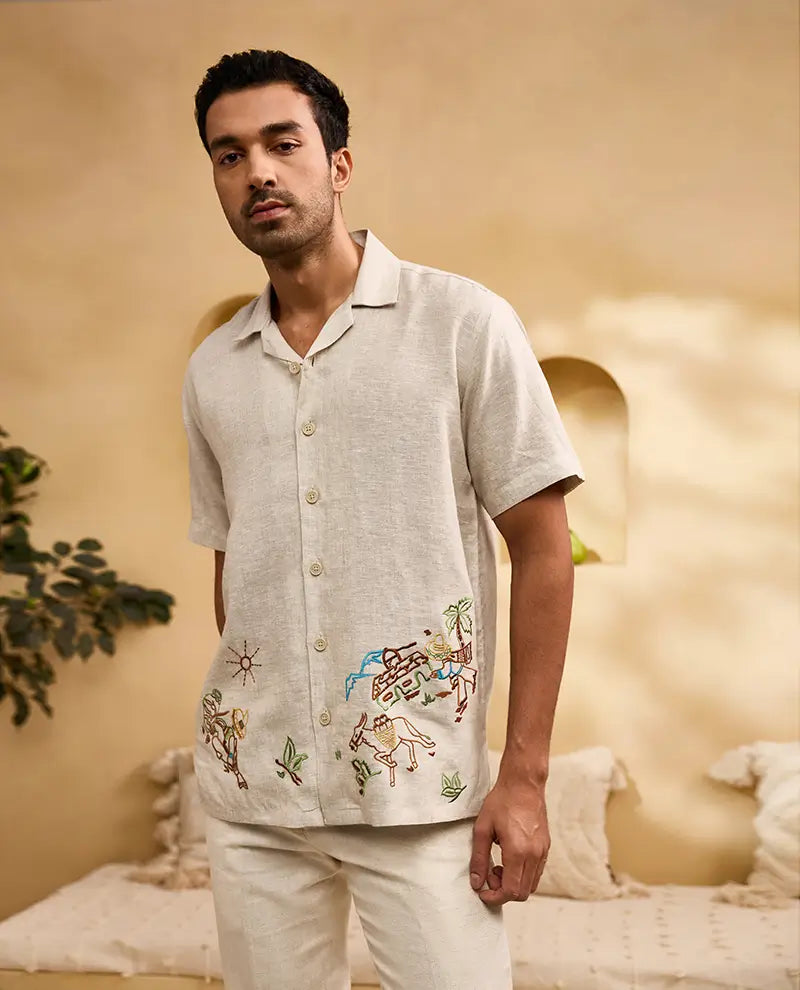 Natural with Coloured Abstract Embroidery Linen Cuban Regular Fit Shirt