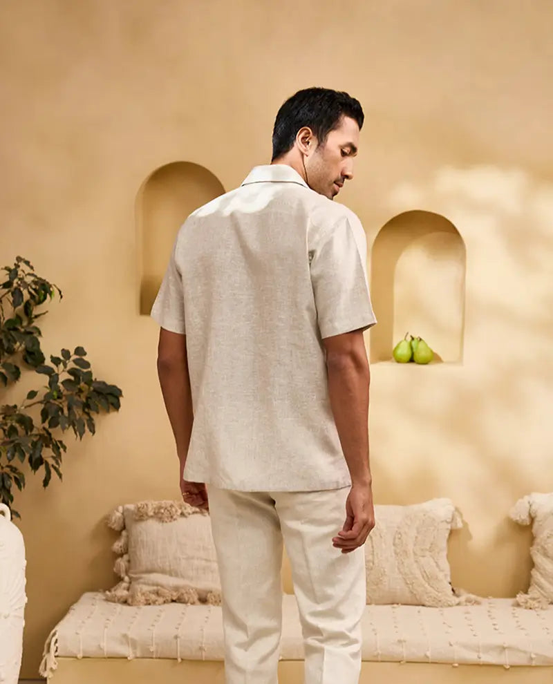 Natural with Coloured Abstract Embroidery Linen Cuban Regular Fit Shirt