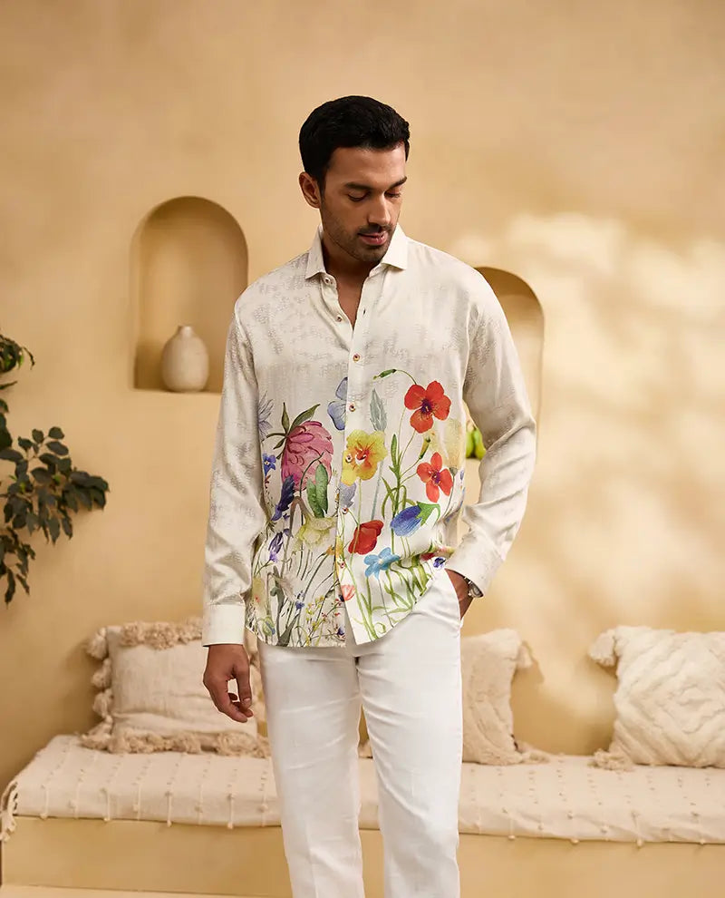 Fawn Floral Watercolour Print Slim Fit Shirt