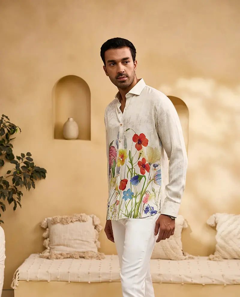 Fawn Floral Watercolour Print Slim Fit Shirt