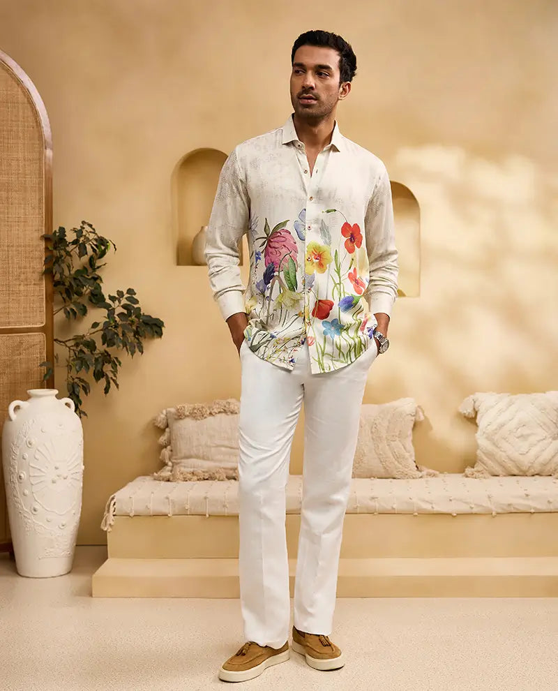 Fawn Floral Watercolour Print Slim Fit Shirt