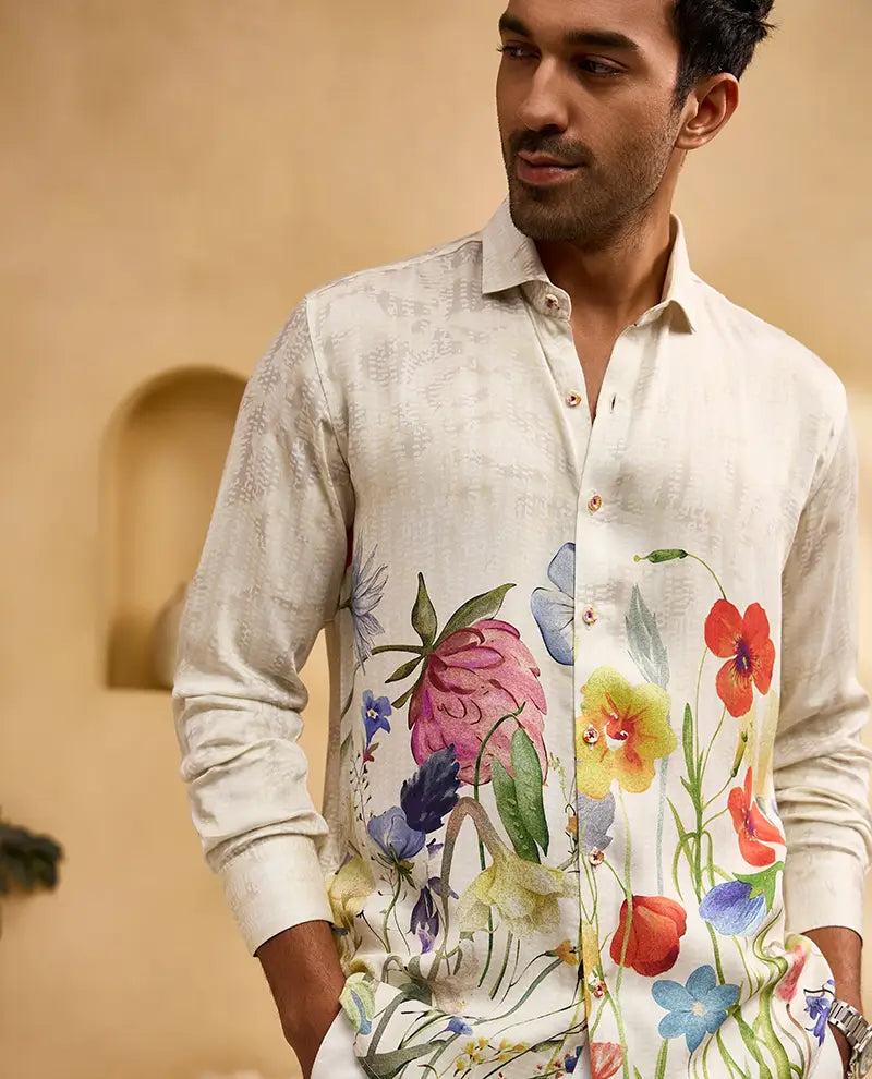 Fawn Floral Watercolour Print Slim Fit Shirt