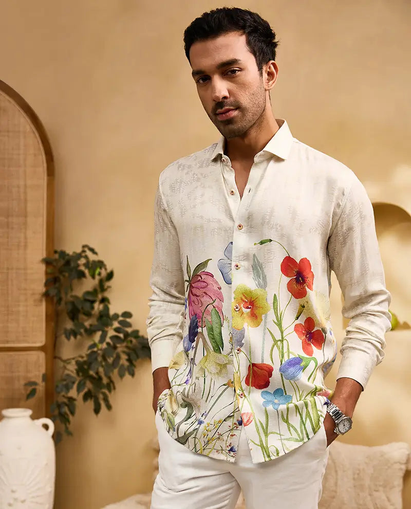Fawn Floral Watercolour Print Slim Fit Shirt