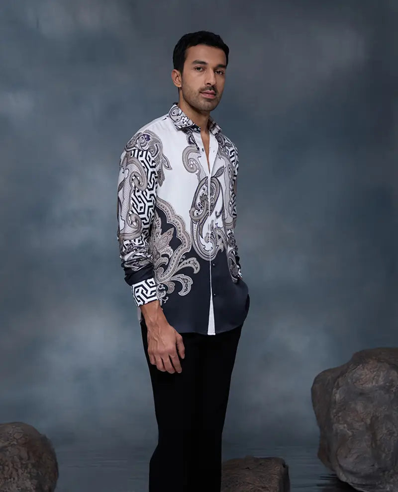 White and Black Paisley Geometric Print Slim Fit Shirt