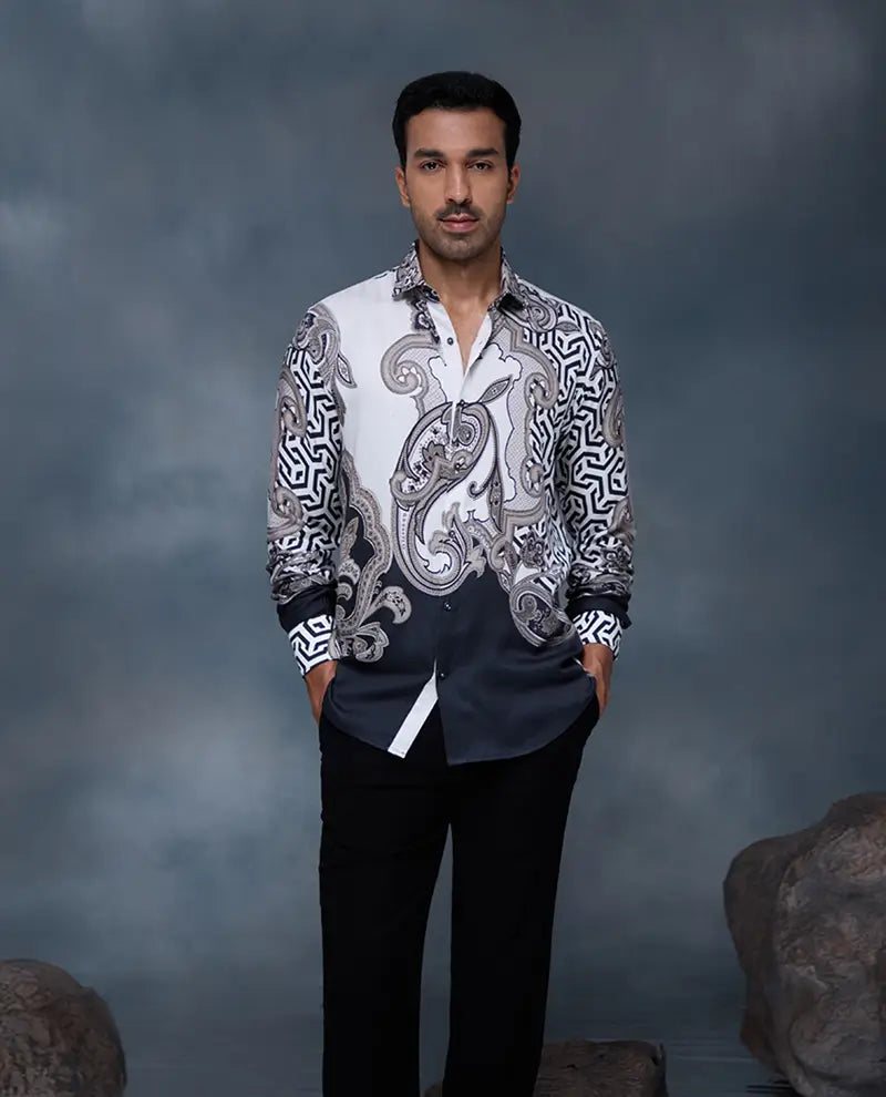 White and Black Paisley Geometric Print Slim Fit Shirt