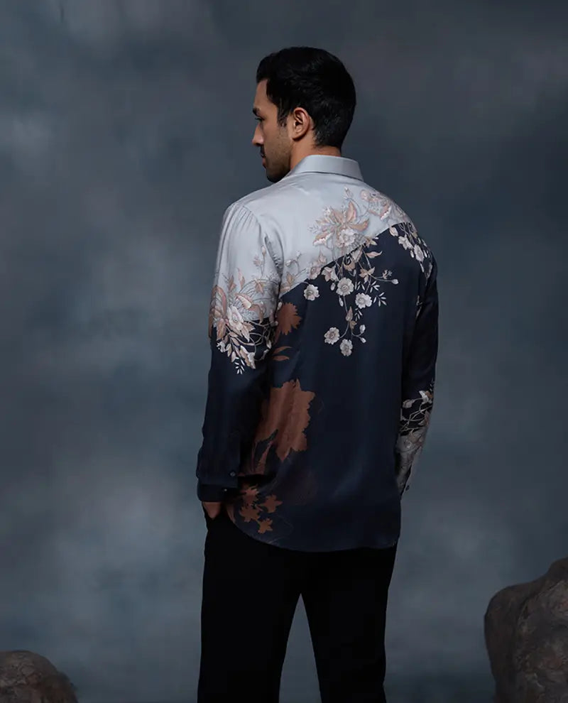 Grey and Black Floral Print Slim Fit Shirt