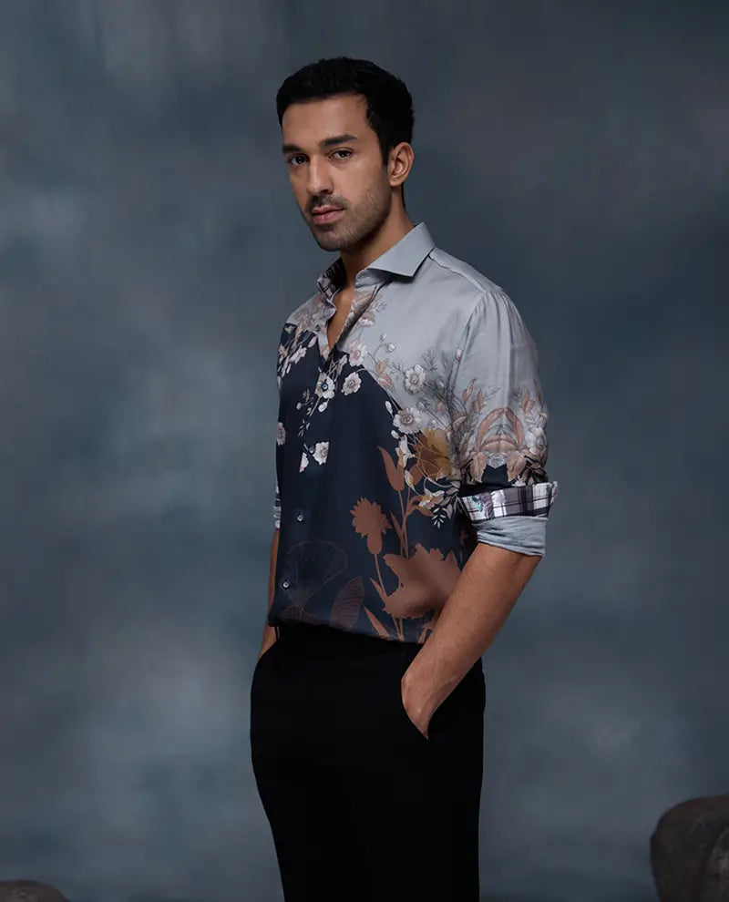Grey and Black Floral Print Slim Fit Shirt