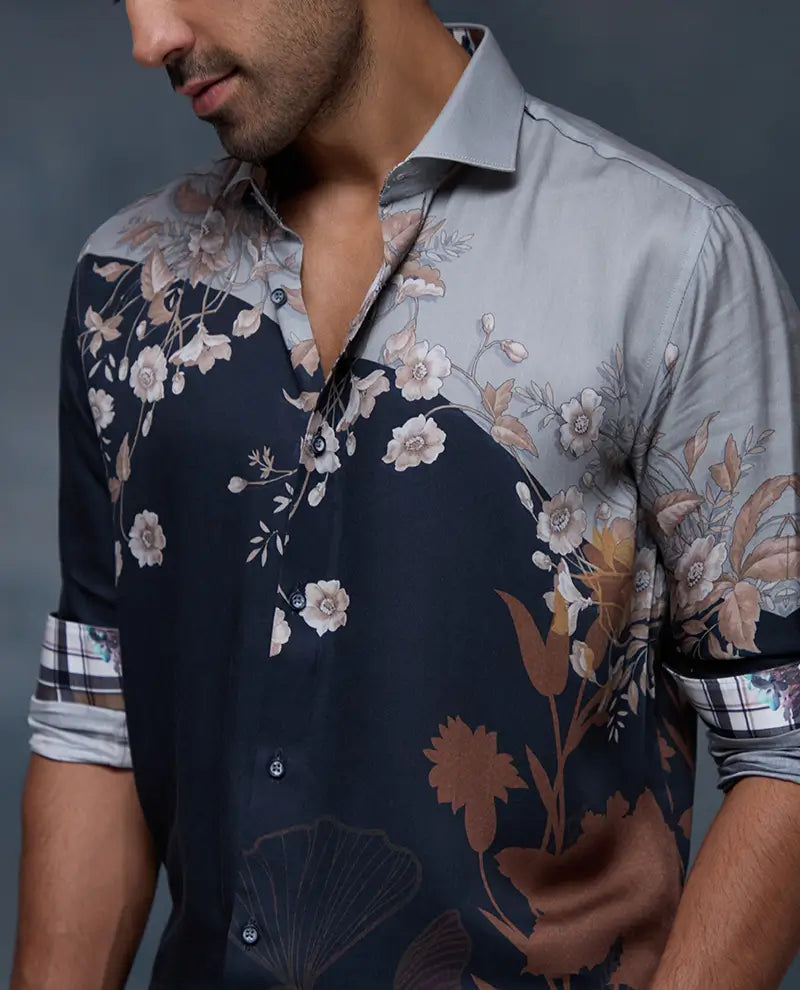 Grey and Black Floral Print Slim Fit Shirt