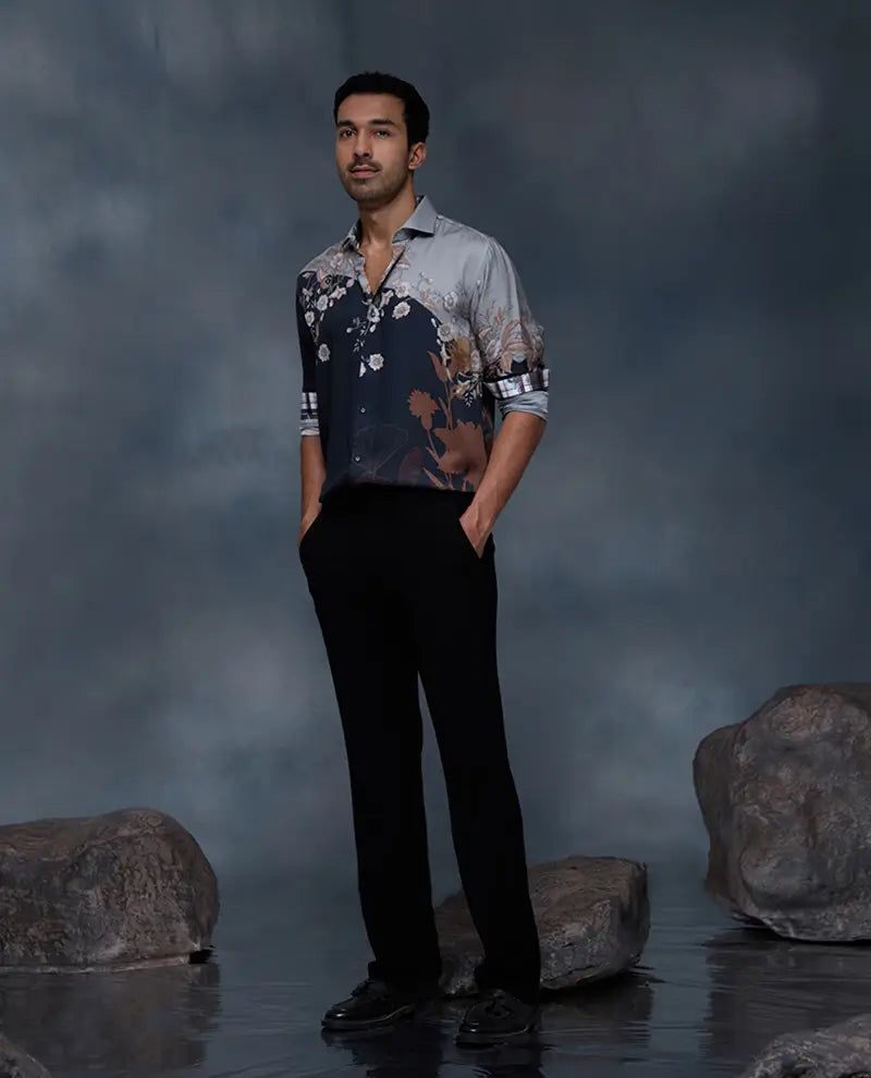 Grey and Black Floral Print Slim Fit Shirt