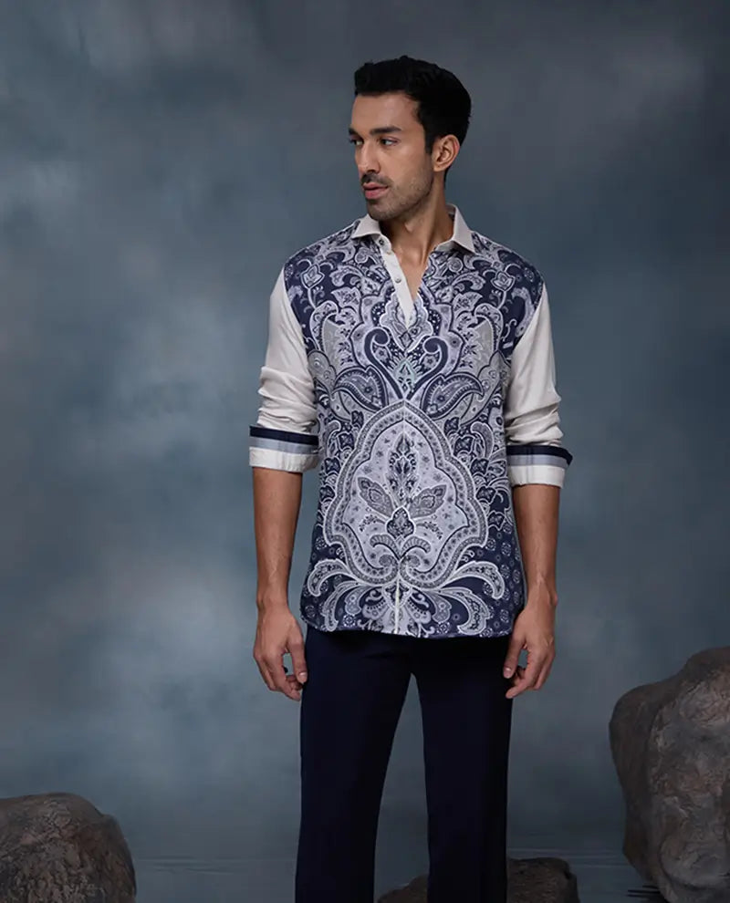 Fawn and Navy Blue Floral Print Slim Fit Shirt
