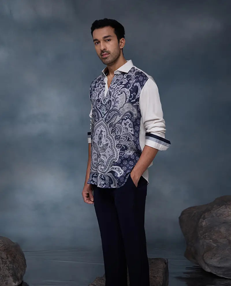 Fawn and Navy Blue Floral Print Slim Fit Shirt